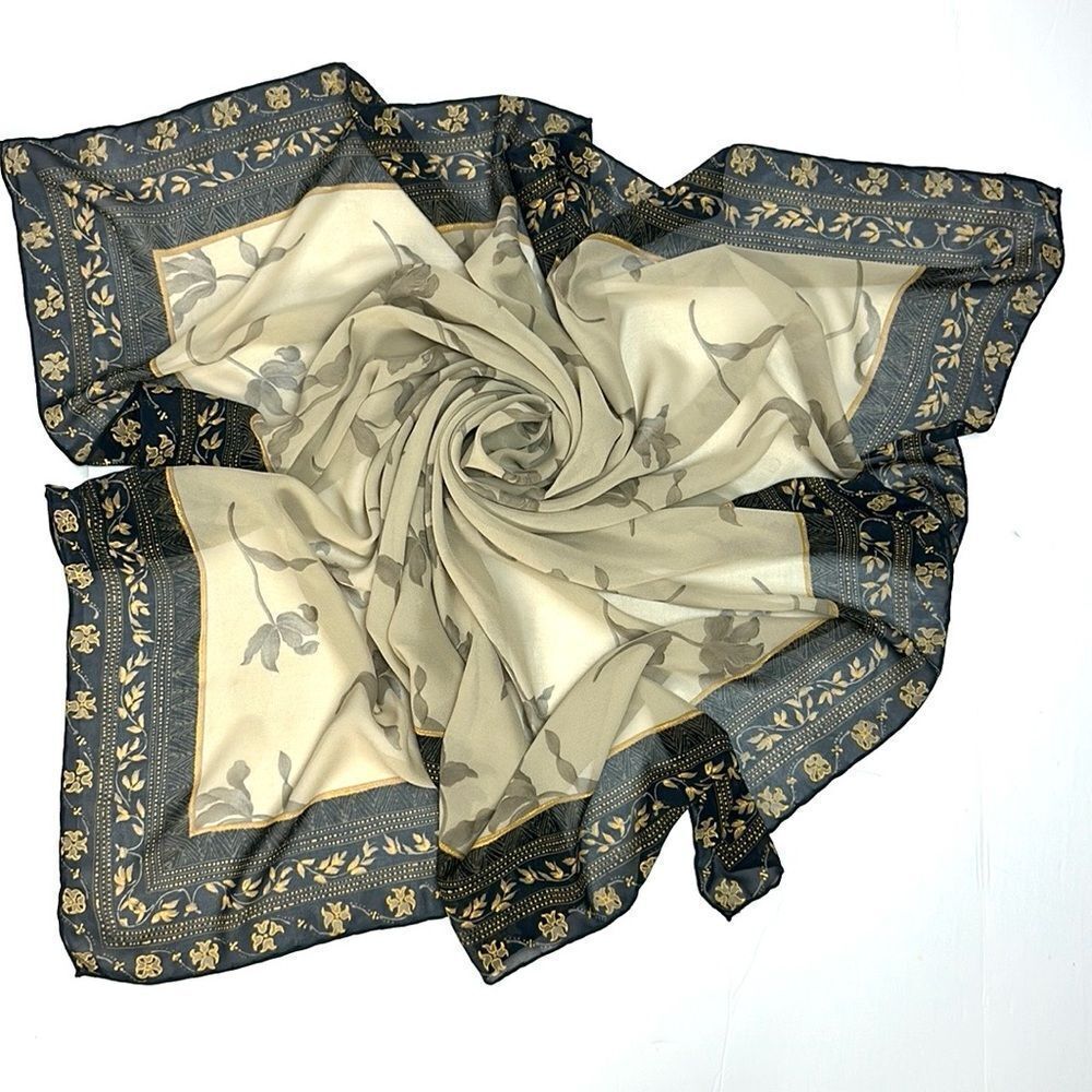 Silk Crepe Square Scarf Taupe Gray Floral Print Hand Rolled 41x41 inches - Picture 2 of 11
